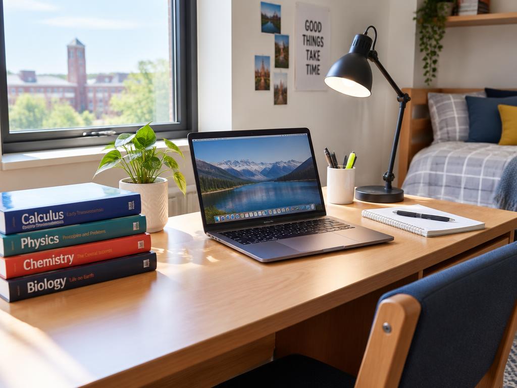 Illustrative photo: textbooks, lamp and laptop on a student desk