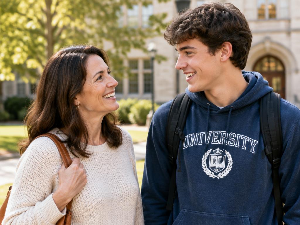 Illustrative photo: a parent and a college student talking on campus