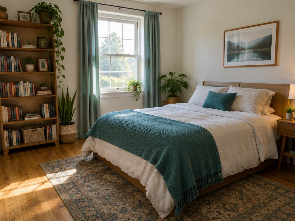 Sample photo: bedroom with teal throw and bookshelf